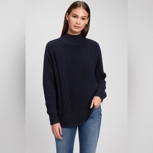 GAP Size L Mock-Neck Cable Knit Cotton & Wool Blend Sweater - Navy